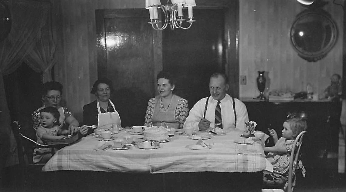 Judy & Bernice Willis, Stephanie (Mayme's mother), Mayme, Stanley Baldyga, & their daughter Susan  1948?