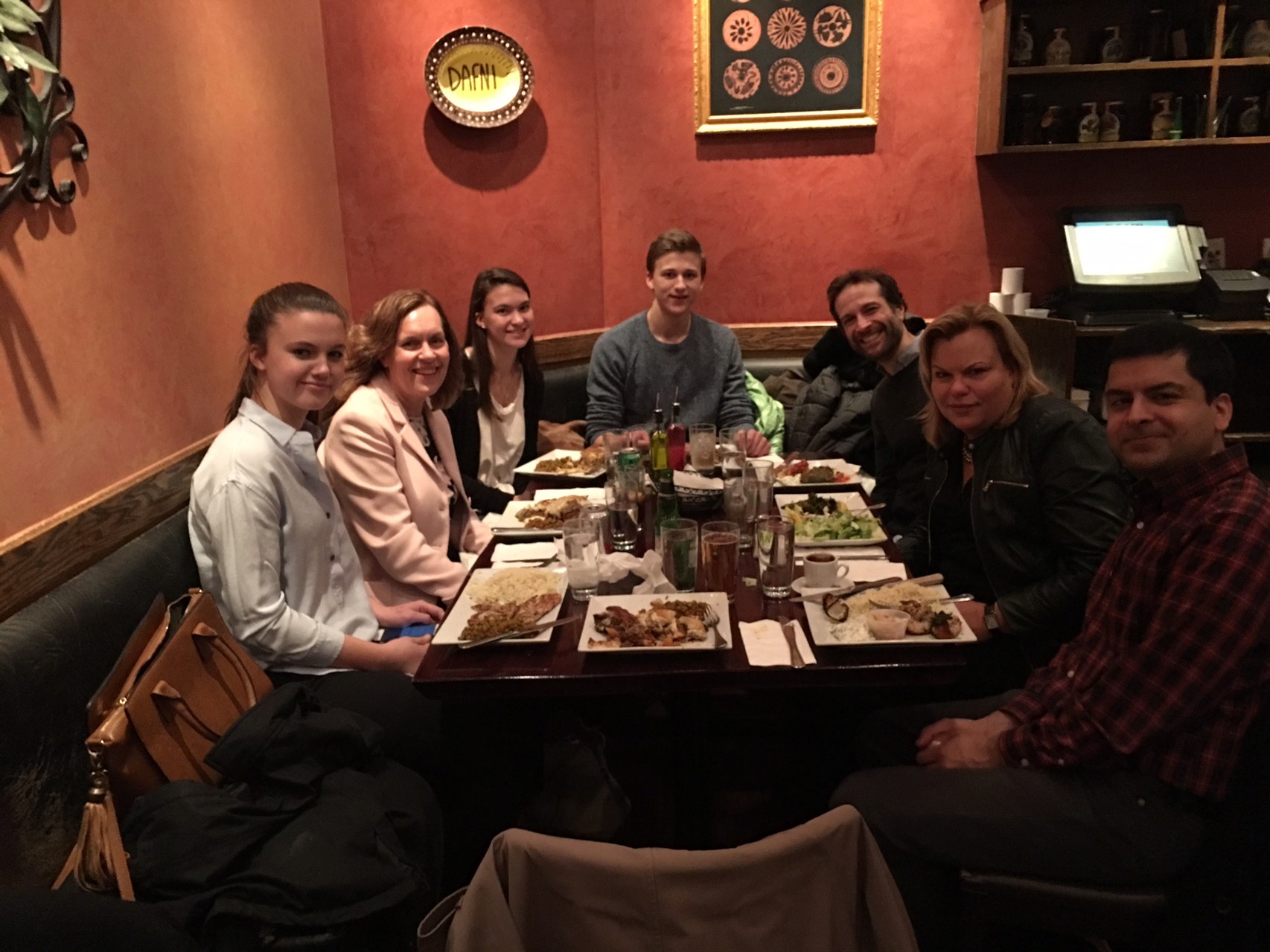 Kate, Lorraine, Ellie, Jack Kagel, Steve Trasino, Celeste, Samie Jaffrey at a Greek restaurant before the play HAMILTON, Feb 9, 2016. Kate & Jack's Bday Present!