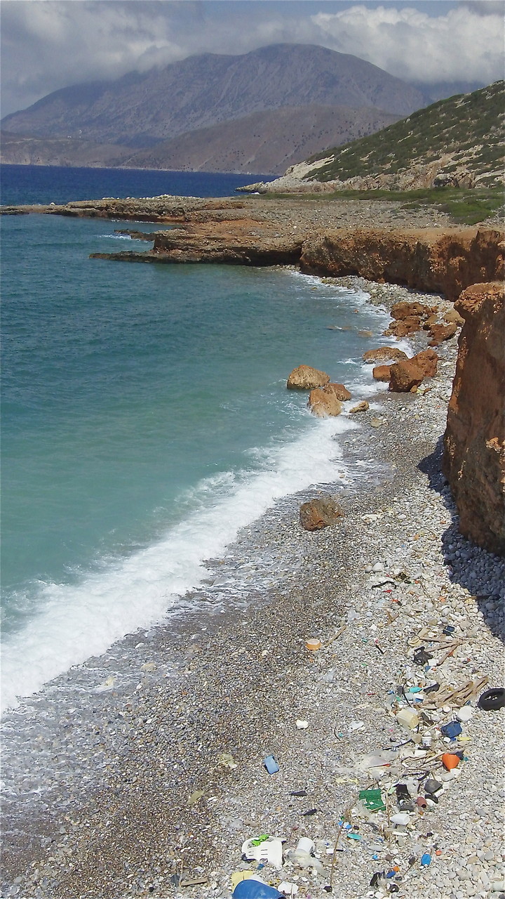 Beach near Gournia, Crete, note trash washed up on the beach