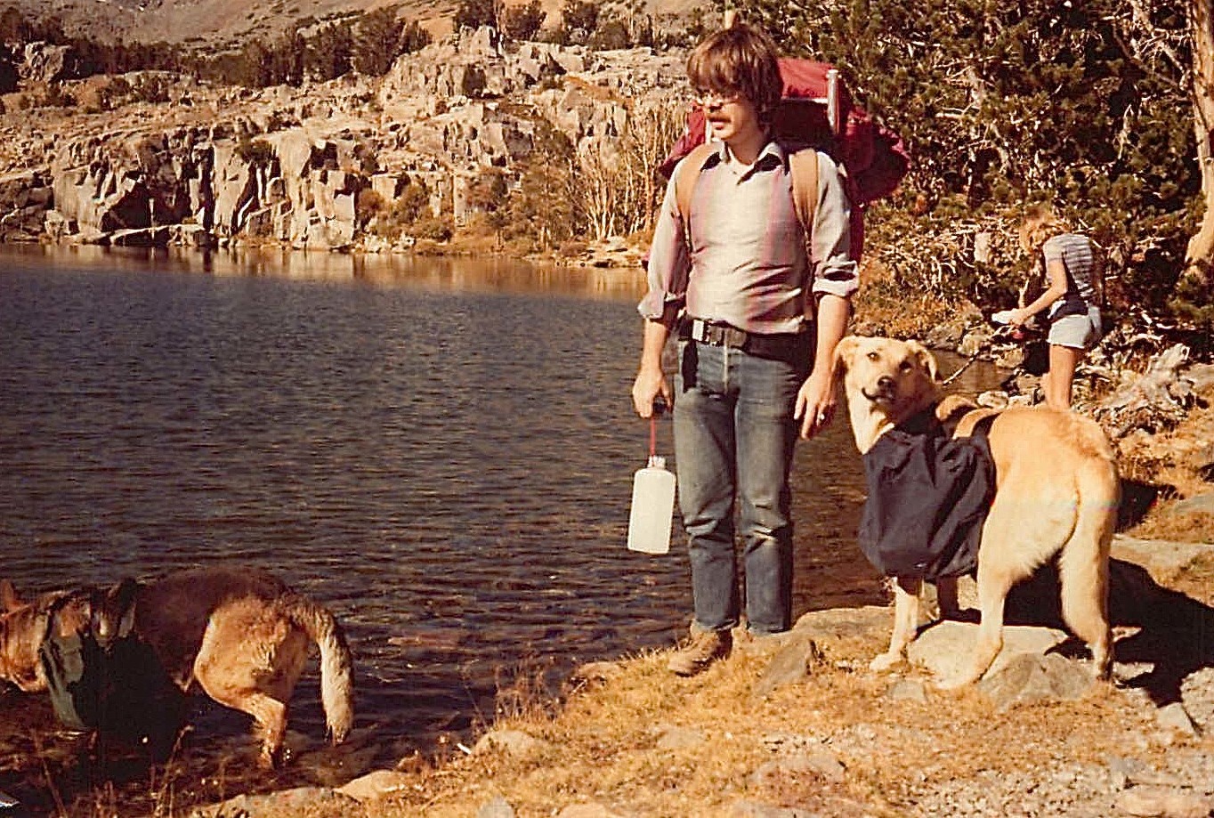 Steve Carlson, with Nero & Habibi. On this backpacking trip: Connie, Reg, Alison, John & Lorraine Oct 1977 Hoover Lakes, Sierras