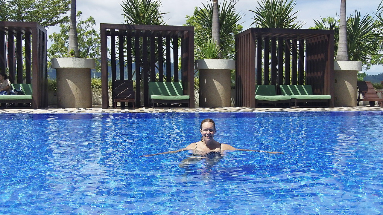 Lorraine at the pool at the hotel, Borneo