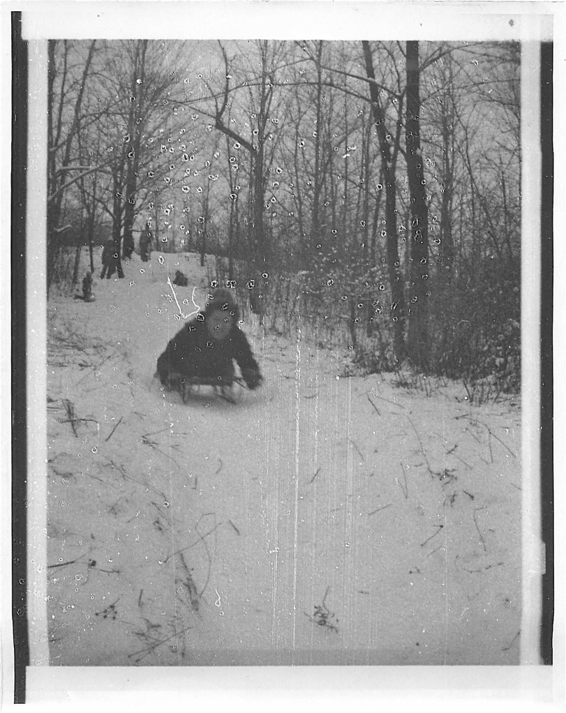 Eleanor Bogden Gudas sledding, 1974