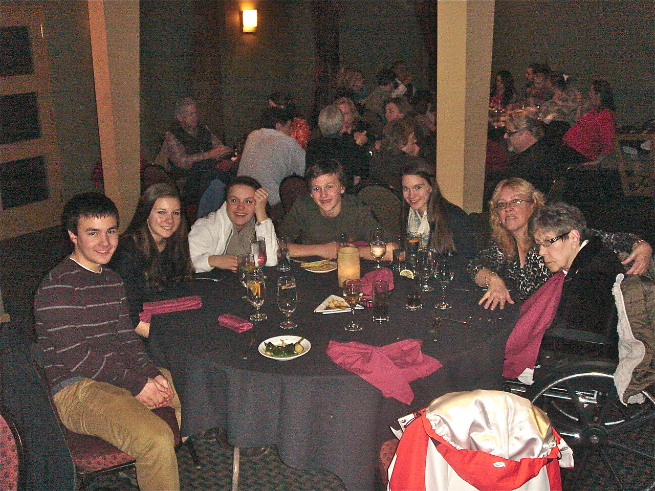 Dinner at Gentile's Rest., Syracuse, NY on Al's B'day, Dec. 28. Trevan, Sara, Kate, Jack, Ellie, Traci Hart, & Eleanor Gudas. 