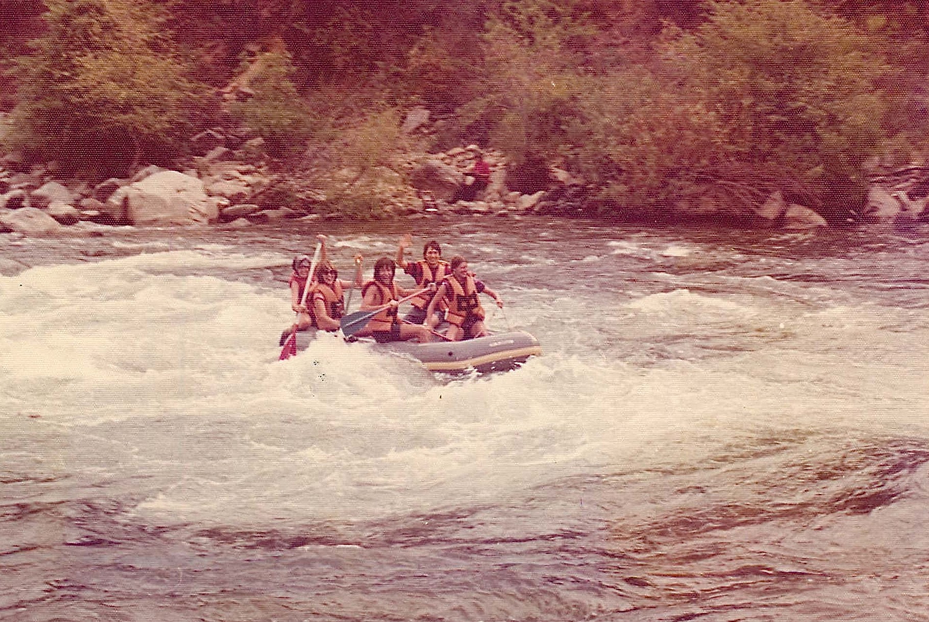 Debby Doyle, Lorraine Gudas, Reg Kelly, John Wagner, & Amy rafting the south fork, American River, S-turn 1976