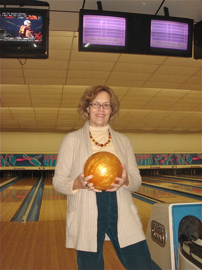 Lorraine with coordinated bowling attire, Syracuse, Dec. 27, 2013