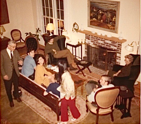 At Professor Rosenbloom's house, Thanksgiving 1970 or 1971, Princeton, Prof. Rosenbloom, Murray Weingarten, Sukrya, John Wagner, Kim (standing), ?, Mrs. Rosenbloom