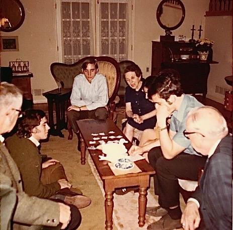 Prof. Rosenbloom, John Wagner, ?, Mrs. Rosenbloom, Murray Weingarten with hand on head  1970