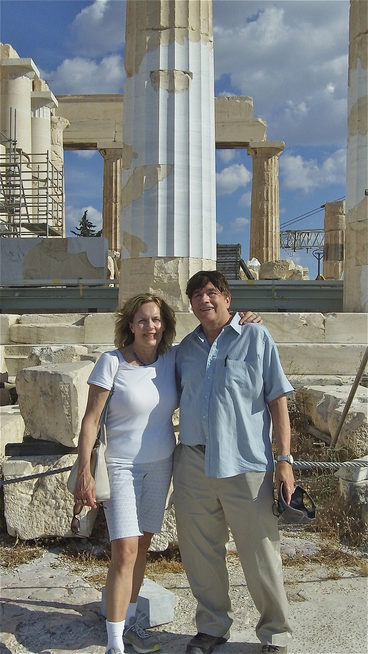 Lorraine & John in front of the Parthenon, a temple dedicated to the goddess Athena