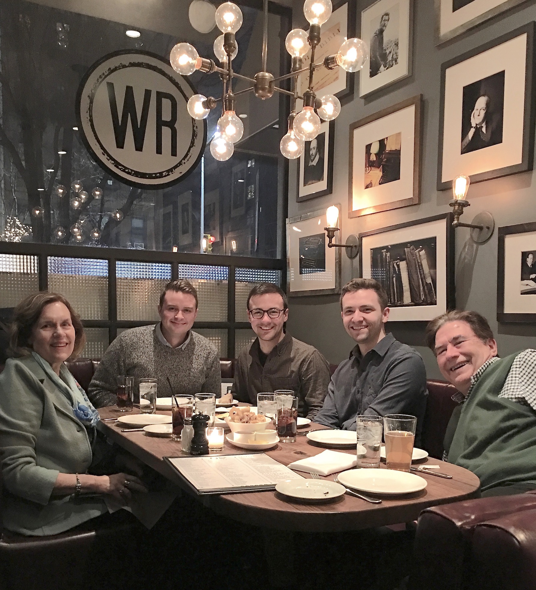 Lorraine, a cousin, Trevan S. , Collin, & John at dinner, in Manhattan, Feb., 2019