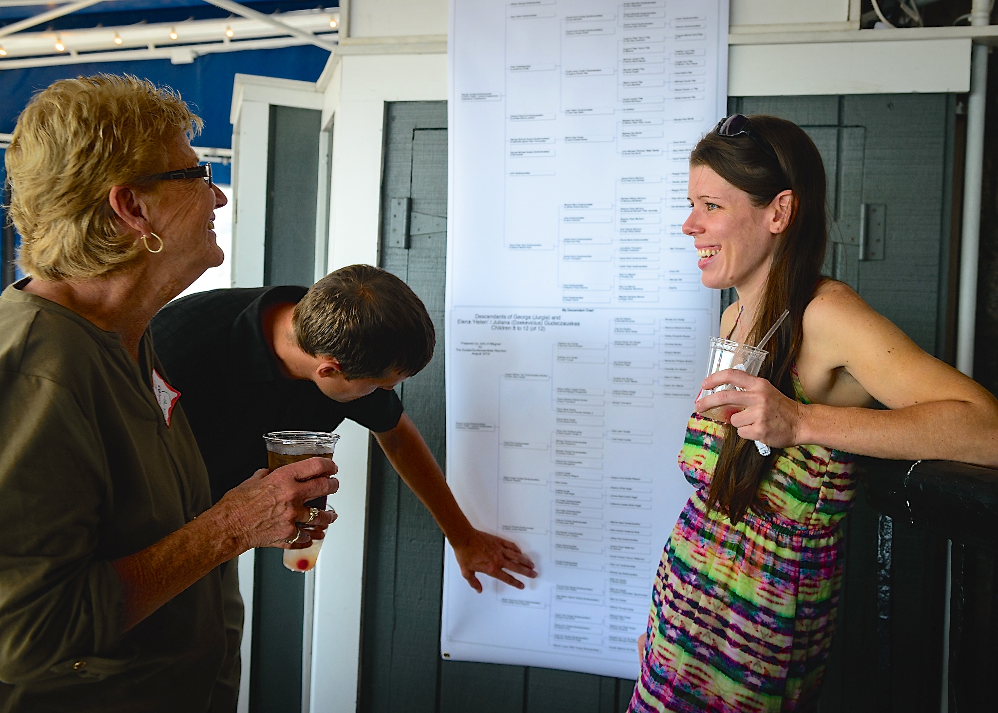 Joan Johnson, Matthew & Stephanie look at the family tree