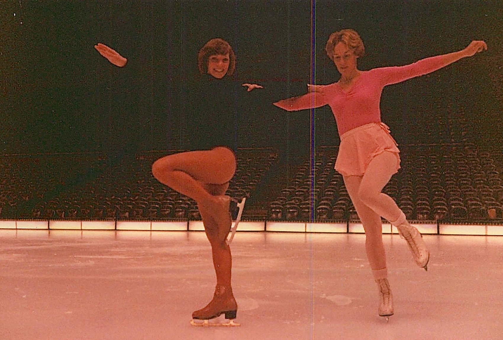 Lorraine on right skating in the Oakland Coliseum with the Ice Capades, 1979