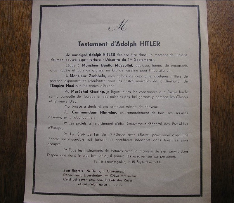 Tract humoristique du « Testament d’Adolf Hitler »