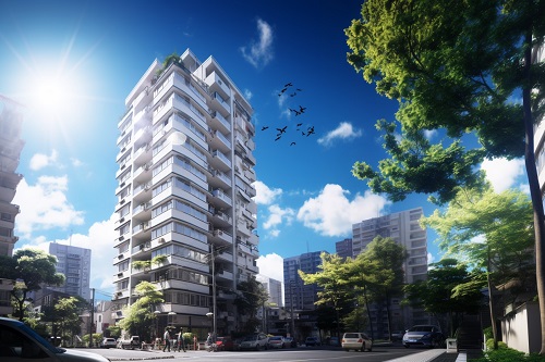 晴れた日のマンションと飛んでいる鳥(横長)