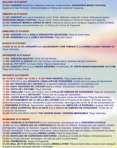 Agenda de la festa de l'Estany de Puigcerdà 2019