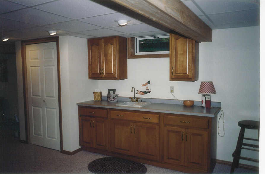  Legacy Fawn on Birch Regency/Embassy Wet Bar, Wood Edge Laminated Top, Trim Work, Suspended Ceiling