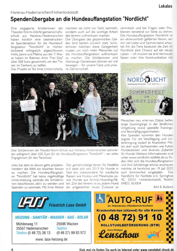 Auf Seite 8 in der Zeitschrift "Kiek mal rin" findet Ihr diesen tollen Beitrag über die Spendenaktion! 