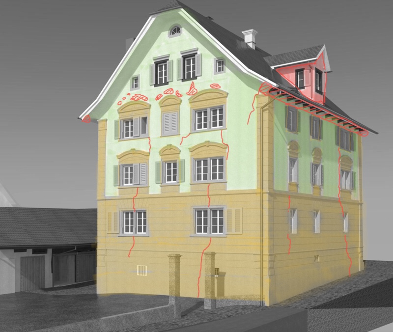 Notarenhaus mit markierten Schadstellen