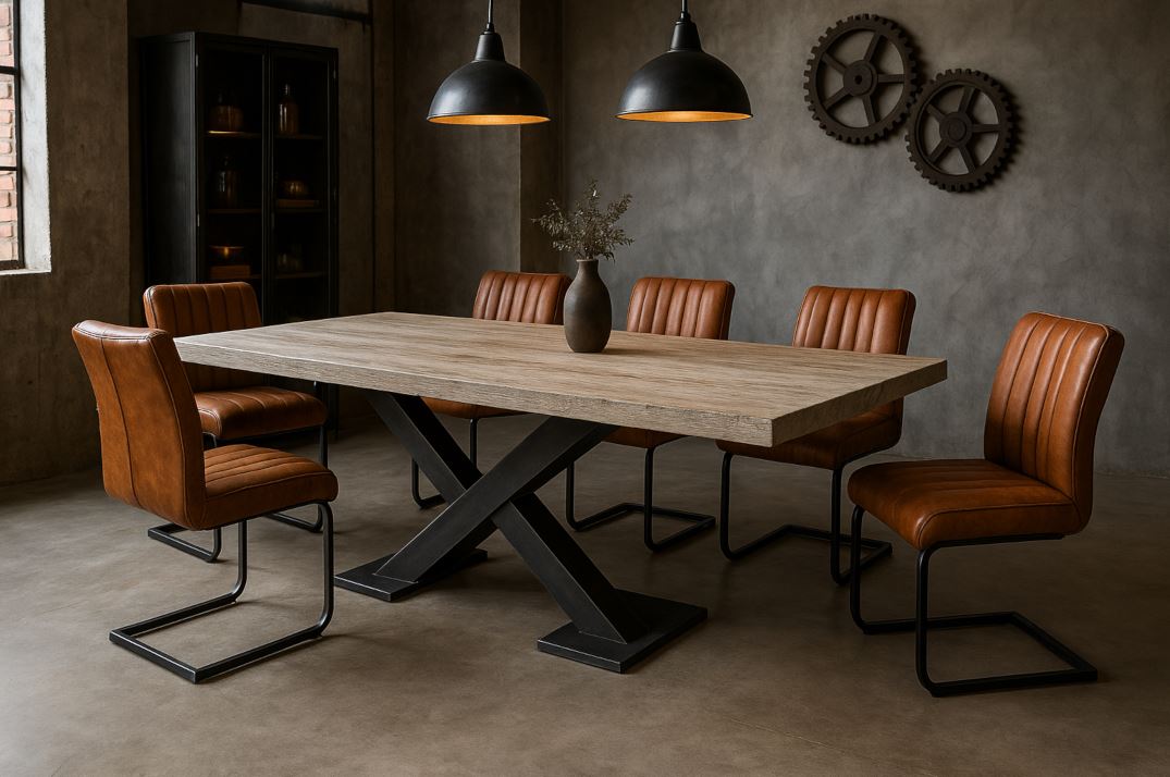 Esstisch aus massiver Eiche mit schwarzem X-Gestell und Lederstühlen im Industrial Design – markant, langlebig und handgefertigt