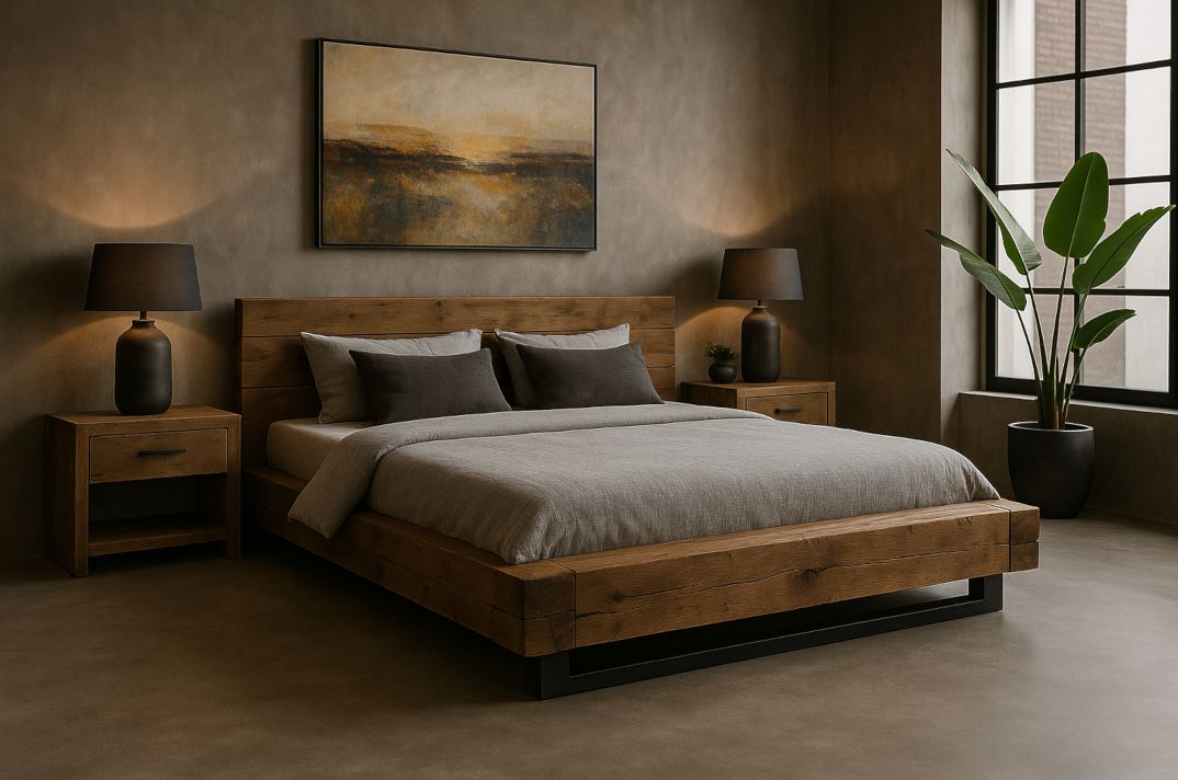 Massives Bett aus rustikaler Eiche mit schwarzem Metallrahmen – minimalistisches Loftdesign mit natürlicher Holzstruktur