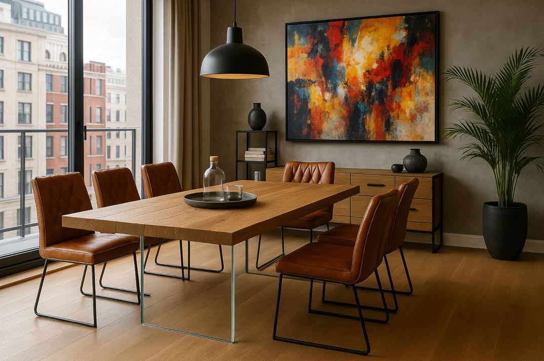 Moderner Esstisch aus massiver Eiche mit Glaswangen und cognacfarbenen Lederstühlen im Industrial Loft – handgefertigtes Unikat aus antiker Eiche