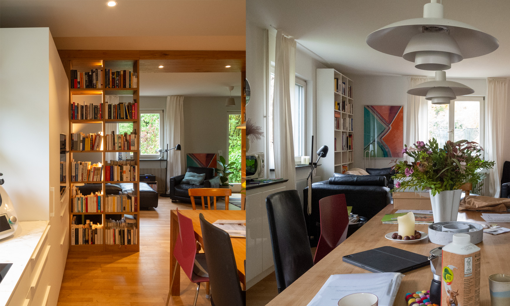 Vorher-Nachher: Übergang Küche zu Wohnzimmer neu mit Raumtrenner & farblicher Differenzierung
