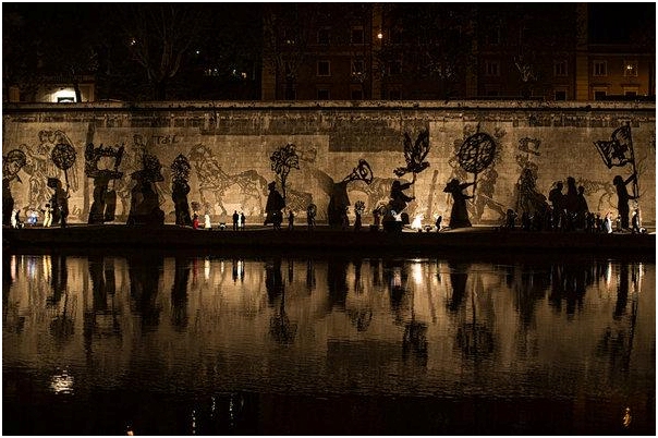 Historical characters in the mural were created using gigantic stencils and power-washing. (Nadia Shira Cohen for The New York Times)