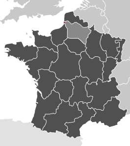 lichtgrijs gebied: de streek Picardie, de rode stip: St. Valery sur Somme