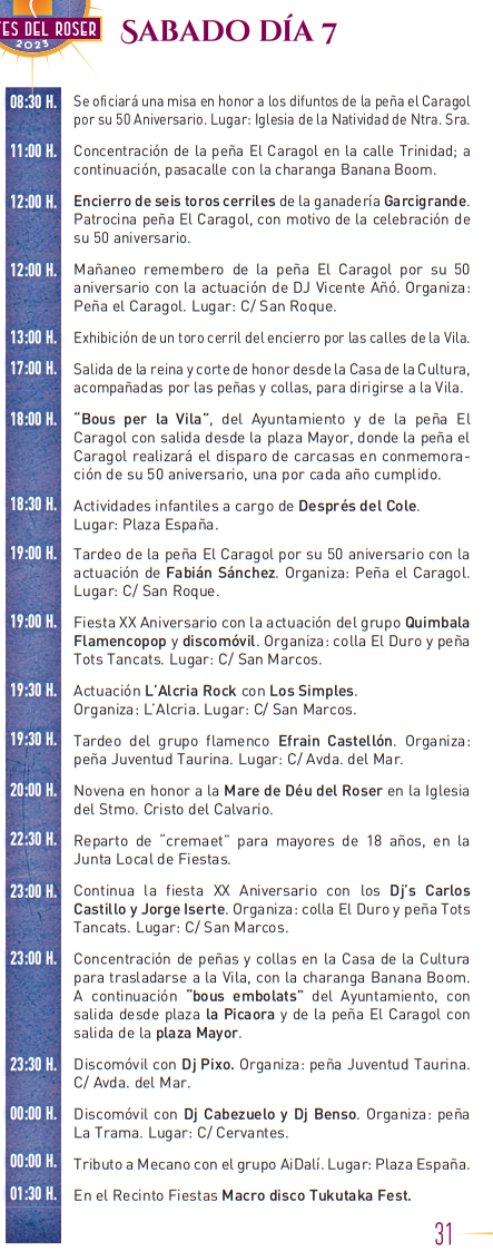 programa cuando es que dia concierto encierros bous toros desfiles peñas