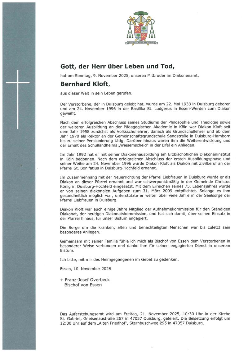 Totenbrief Diakon Kloft