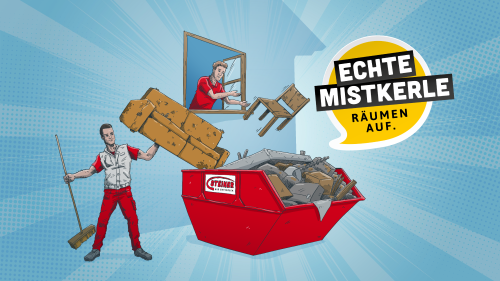 Echte Mistkerle beladen eine Absetzmulde mit Sperrmüll