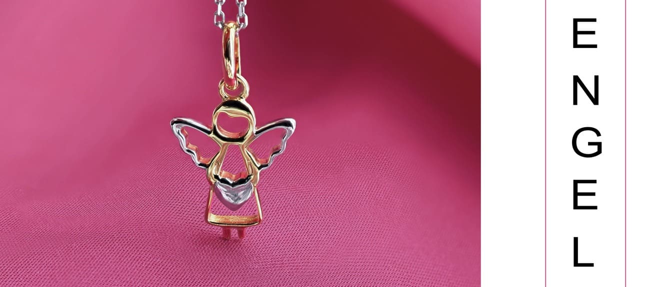 375er Gold 9 Karat Schutzengel Kette auf pinkem Hintergrund Bicolor mit Herz