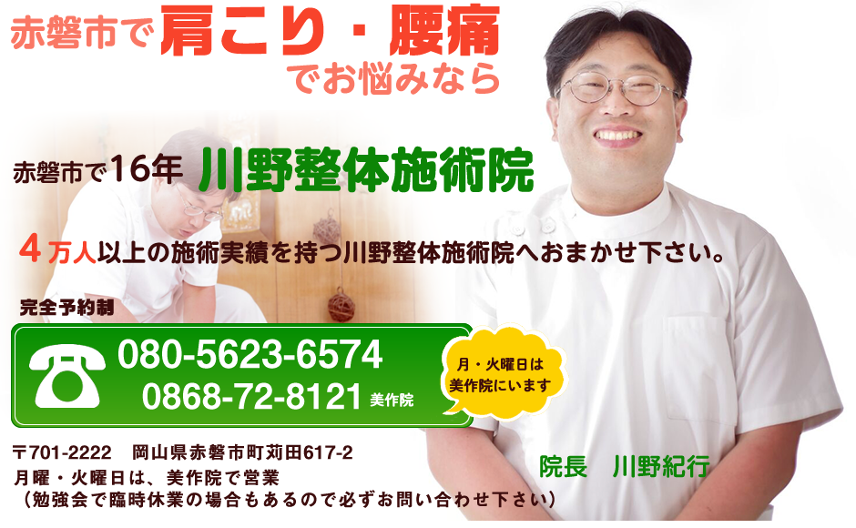 赤磐市で16年4万人以上の整体施術実績のある川野整体施術　完全予約制で0805623－6574まで