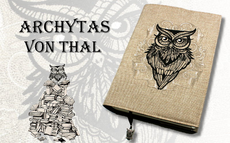 Buchhülle Archytas von Thal mit wunderschöner Eulen-Stickerei