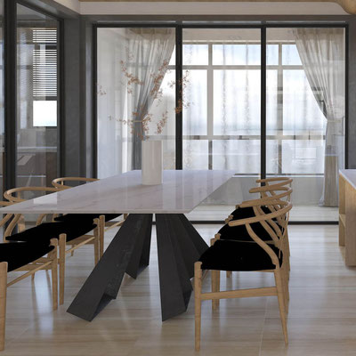 Dining table topped with Sodostone engineered quartz