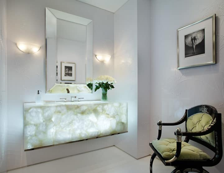 Transparent dressing table fabricated from clear quartz with integrated lighting 