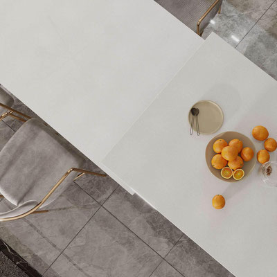 Two-level kitchen island from Crystal Cream engineered quartz