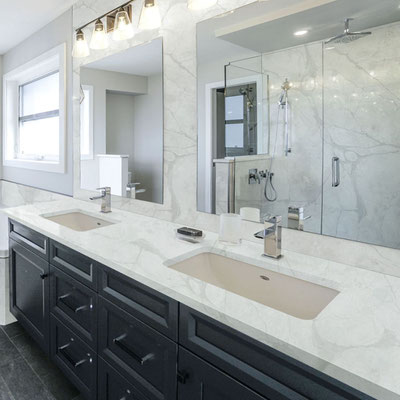 Bathroom vanity with two sinks from Sodostone engineered quartz