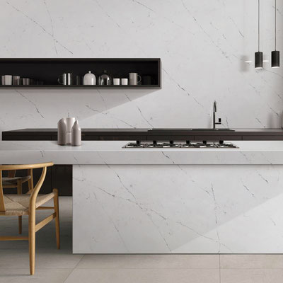 Kitchen island from pale grey Sodostone quartz