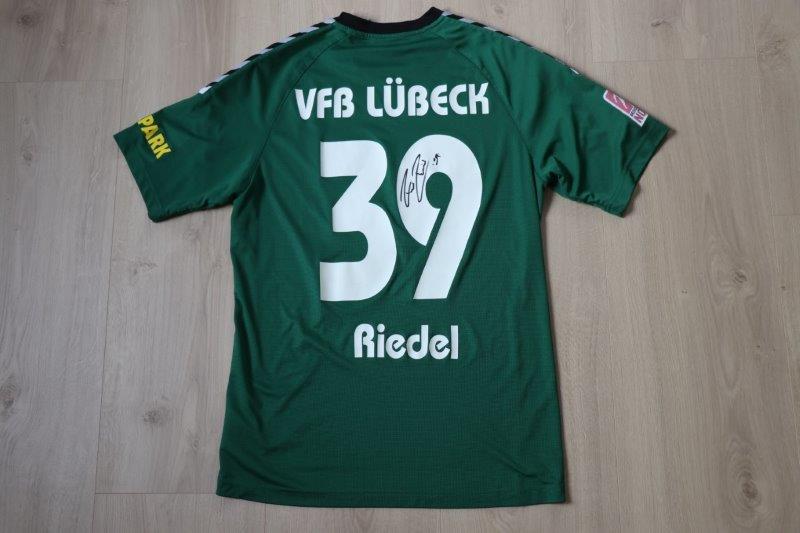 VfB Lübeck 2018/19 Heim mit Autogramm, Nr. 39 Riedel (Matchworn,  u.a. gg. Holstein Kiel II 14.12.18)