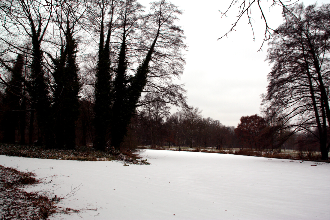 Schneebedecktes vereistes Wasser an der Spitze der Luiseninsel im Schlossgarten Charlottenburg. Foto: Helga Karl