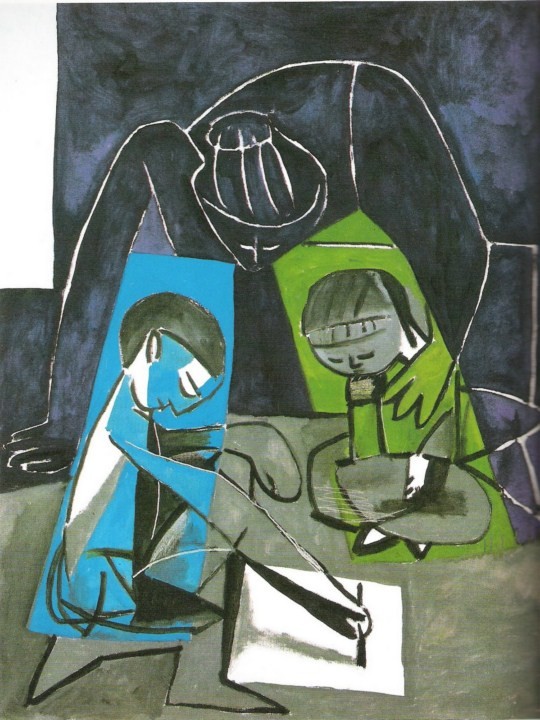 Claude pintando, Françoise y Paloma observando (1954)