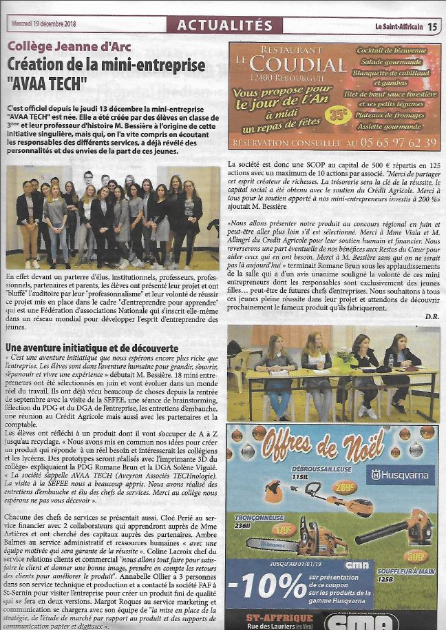 Article Saint-Affricain : "Création de la mini-entreprise  Avaa Tech"