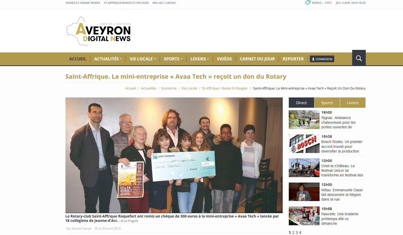Article Aveyron Digital News : Le Rotary remet un chèque de 300€ à Avaa Tech (article en ligne)