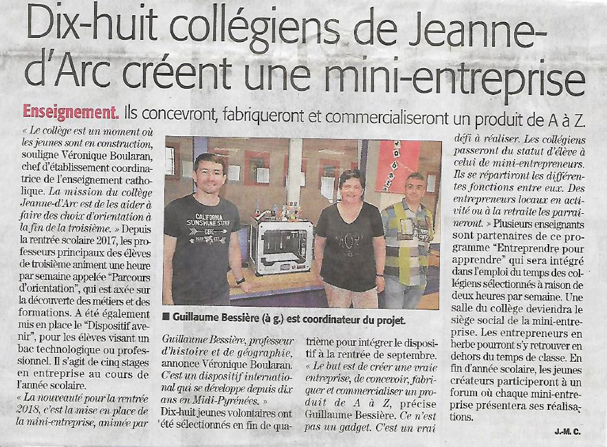 Article Saint-Affrique : "Dix-huit collégiens de Jeanne d'Arc créent une mini-entreprise"
