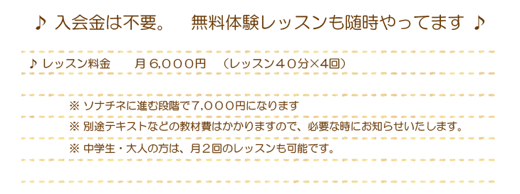 1レッスン40分、月4回6000円(ソナチネに進む段階で7000円になります)中学生・大人の方は、月2回のレッスンも可能です。入会金はありません。別途テキストなどの教材費はかかりますので、必要な時にお知らせいたします。