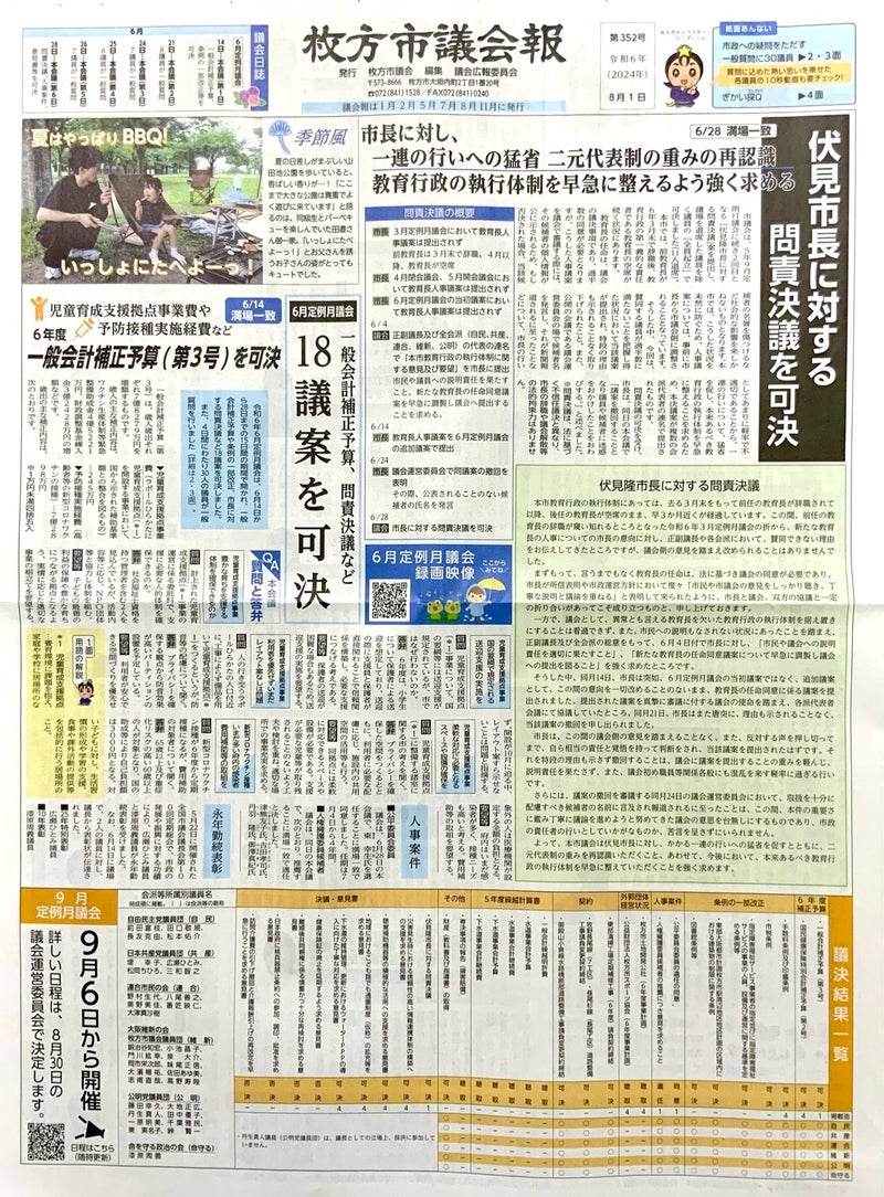 【枚方市議会報2024年8月号】6月議会[問責決議]、[一般質問]スポーツのまちづくり目指して！