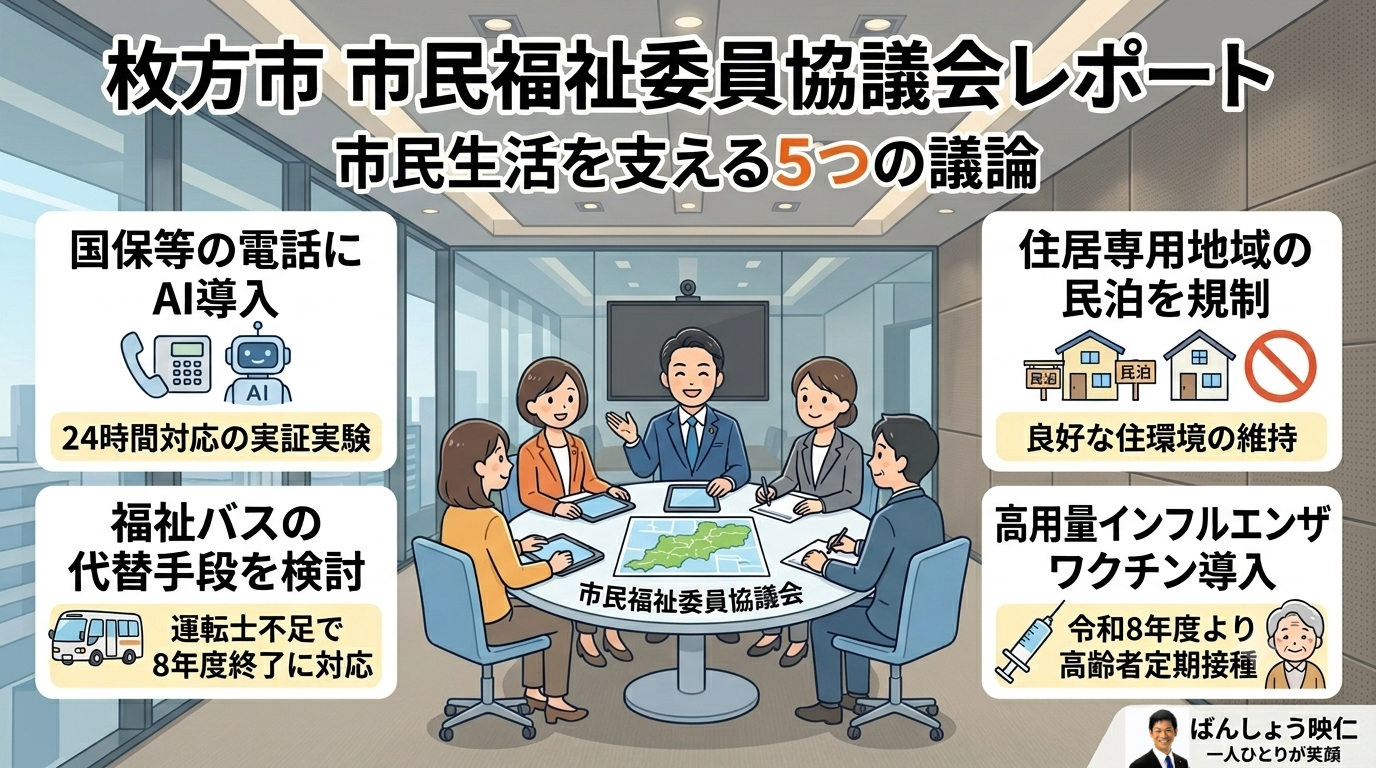【枚方市】福祉バスの今後・民泊規制・高用量ワクチン・AI電話対応など！〜6/2市民福祉委員協議会