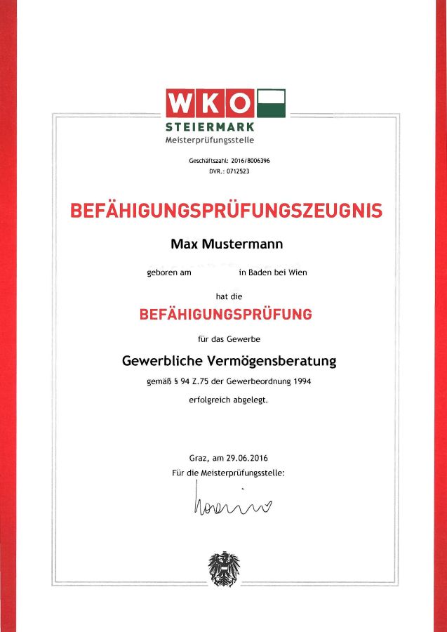 Zertifikat zur bestandenen Meisterprüfung