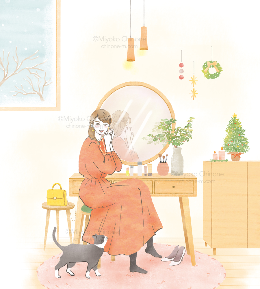ドレッサーで支度をしている女性と猫のイラスト