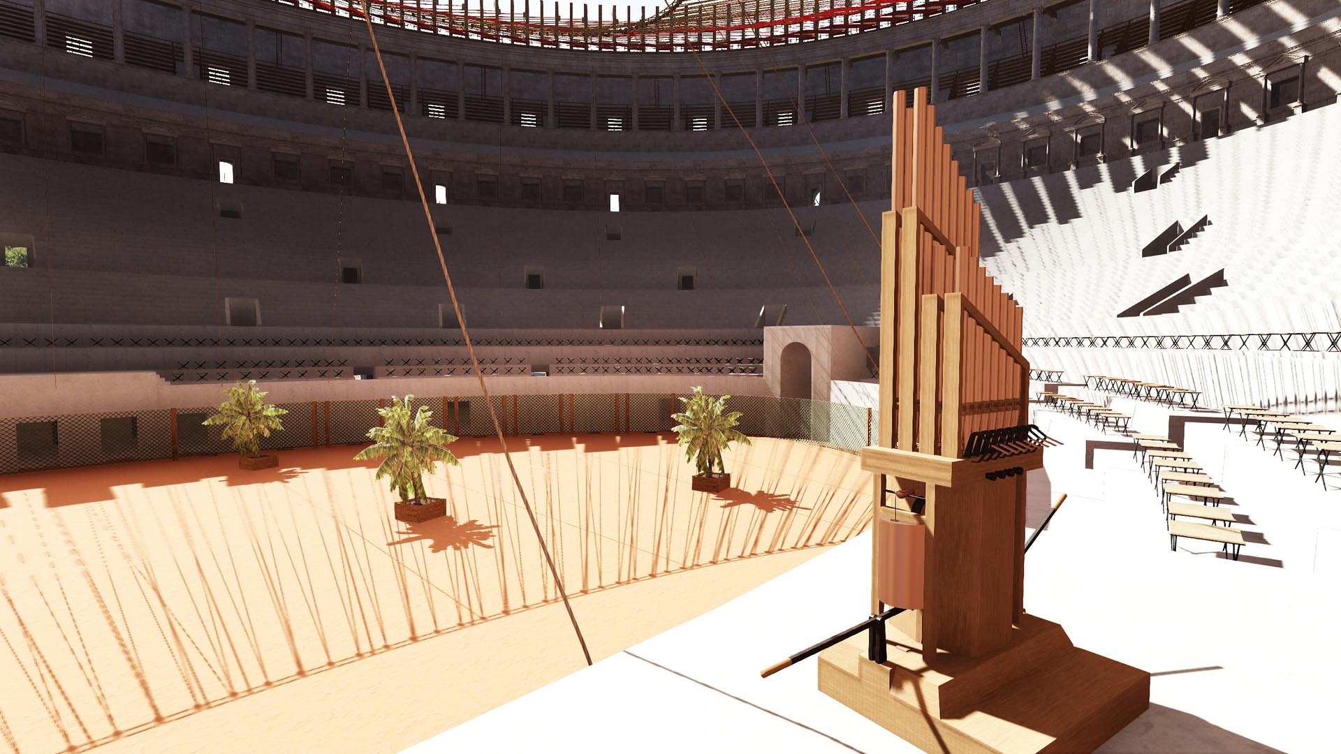 Orgue hydraulique pour les intermèdes dans le Colisée. Infographie : © C. Morineau. Dossier scientifique : P. Fleury 2006. 